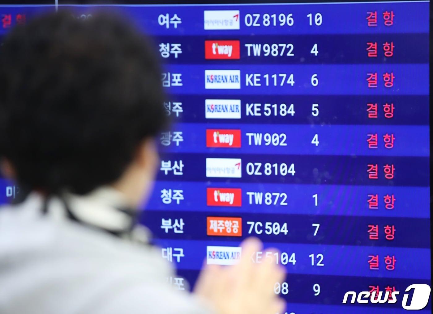 본문 이미지 - 폭설과 강풍으로 항공기 결항이 이어졌던 지난해 1월23일 오전 제주국제공항 국내선 출발장 전광판에 결항 안내가 떠 있다. 2024.1.23/뉴스1 ⓒ News1 DB