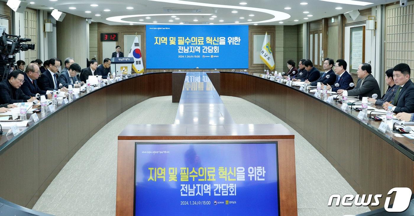 본문 이미지 - 김영록 전라남도지사가 24일 오후 도청 서재필실에서 열린 ‘전남도·복지부, 지역 및 필수의료 혁신 전남지역 간담회’에서 인사말을 하고 있다.(전남도 제공) 2024.1.24/뉴스1 