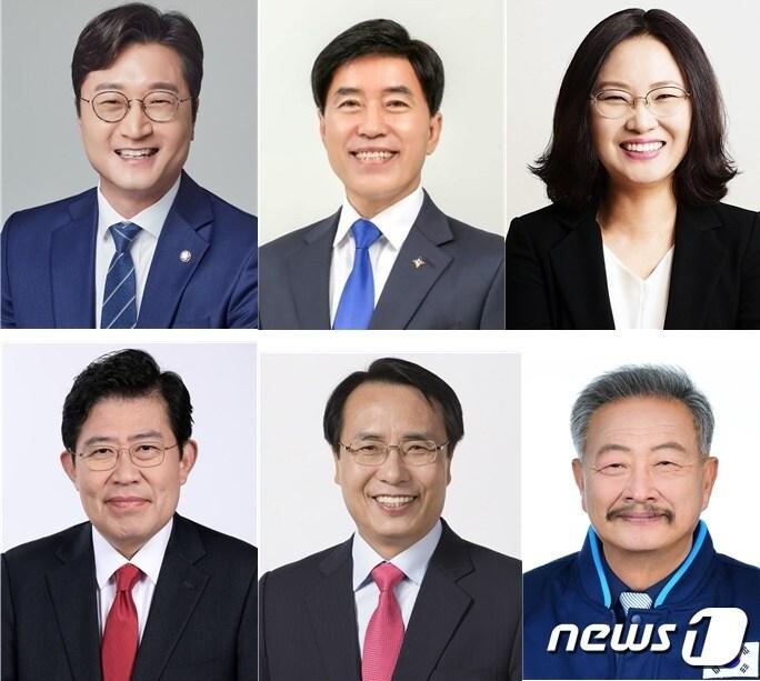본문 이미지 - 윗줄 왼쪽부터 더불어민주당 장철민·황인호·정경수, 아랫줄 왼쪽부터 국민의힘 윤창현·한현택, 무소속 정구국 예비후보. (선관위 제공) /뉴스1