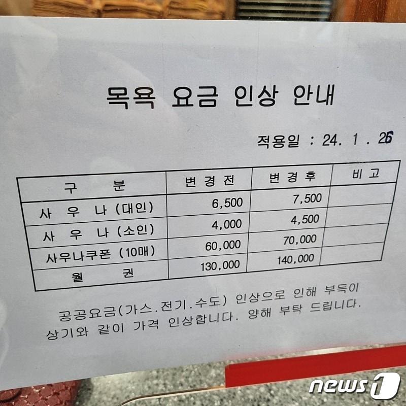 본문 이미지 - 광주의 한 사우나에 '전기·수도·가스요금 상승으로 인한 이용료 인상' 안내문이 붙어있는 모습. (독자 제공)2024.1.28/뉴스1