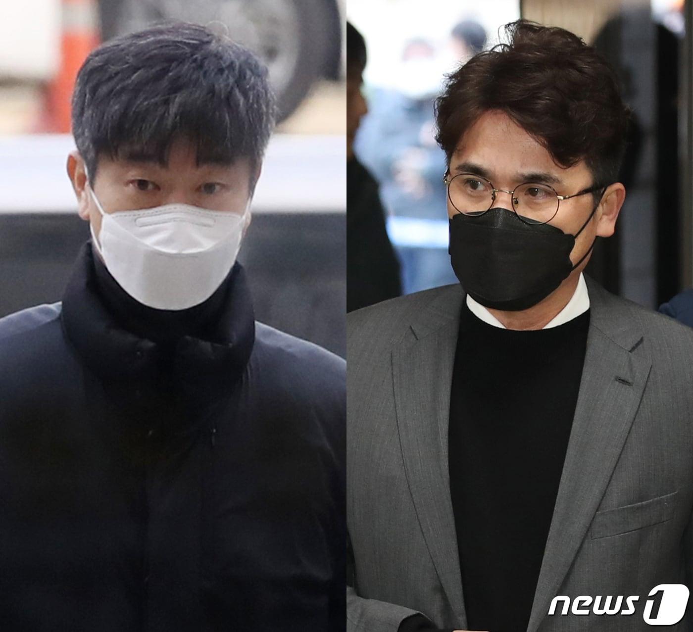 본문 이미지 - 후원 업체로부터 뒷돈을 받은 혐의를 받는 프로야구 기아 타이거즈의 김종국 전 감독(왼쪽)과 장정석 전 단장이 30일 오전 서울 서초동 서울중앙지방법원에서 열린 구속 전 피의자 심문(영장실질심사)에 출석하고 있다. 2024.1.30/뉴스1 ⓒ News1 이광호 기자