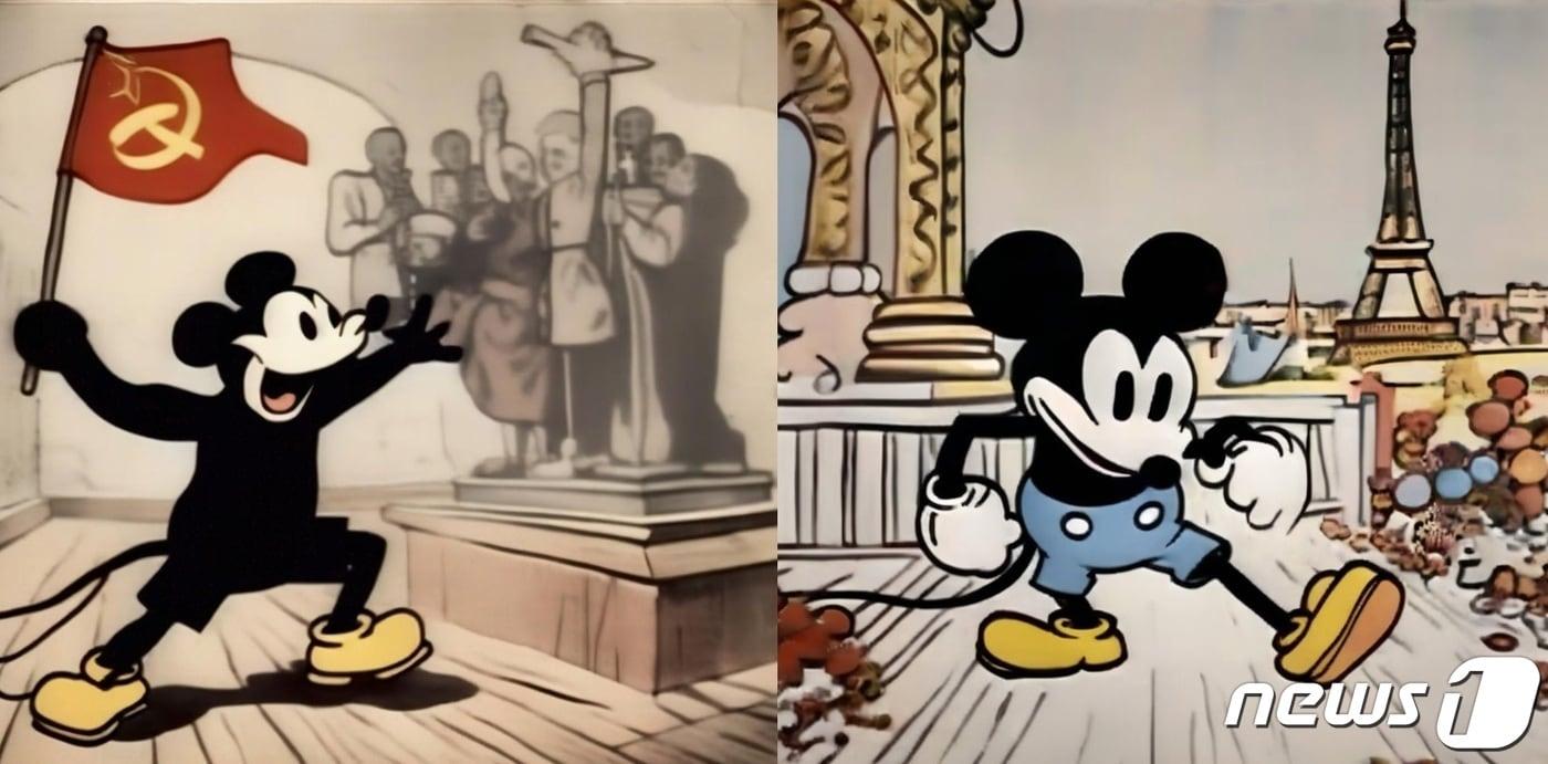 허깅페이스에 업로드 된 생성 AI 이미지. 공산주의 혁명에 영감을 주는 미키의 그림(왼쪽)과 파리를 걷는 미키의 팝 아트 그림.