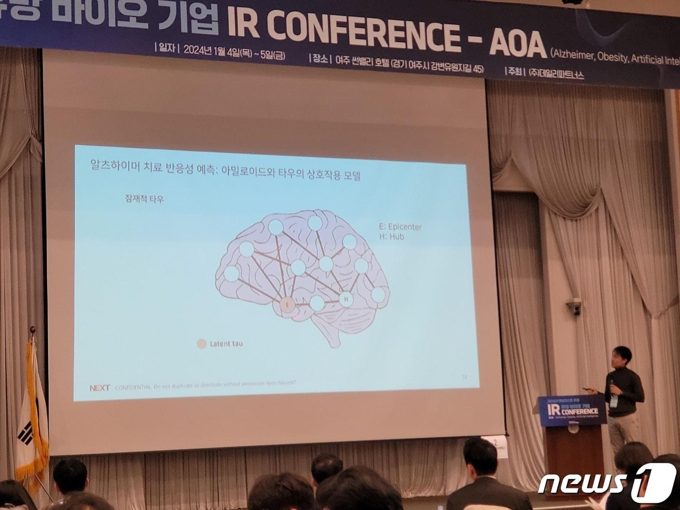 본문 이미지 - 성준경 뉴로엑스티 대표가 데일리파트너스가 개최한 '2024 애널리스트 초청 유망 바이오 기업 IR 콘퍼런스'에서 알츠하이머 질환에 대해 설명하고 있다. 2024. 1. 4/뉴스1 ⓒ News1