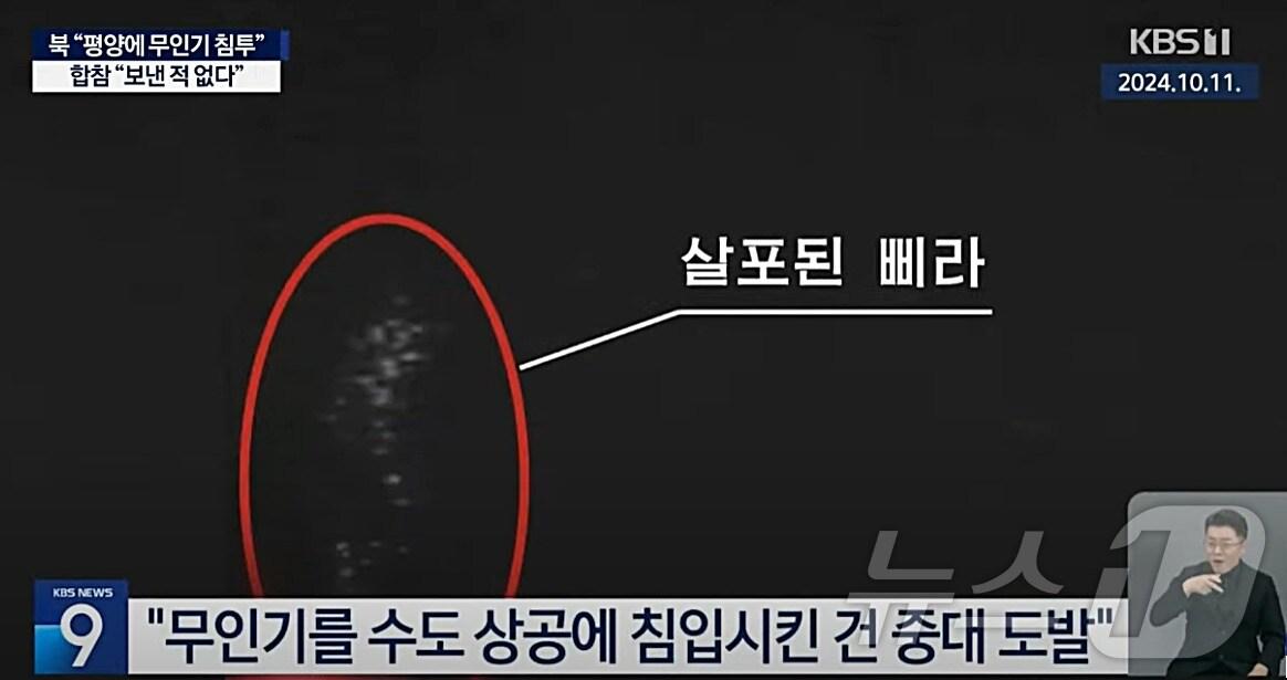 본문 이미지 - 북한은 11일 남한이 평양에 무인기를 보내 대북전단(삐라)을 살포했다면서 자신들이 촬영했다고 주장하는 사진을 공개했다.(KBS 갈무리)