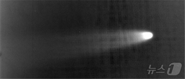 본문 이미지 - 한국천문연구원이 지난 1일 오후 2시43분께 쯔진산-아틀라스 혜성을 우주물체 전자광학 감시 시스템으로 촬영한 사진을 공개했는데, 혜성의 대표적인 모습인 밝은 코마와 꼬리의 형태를 볼 수 있다.(천문연 제공)/뉴스1