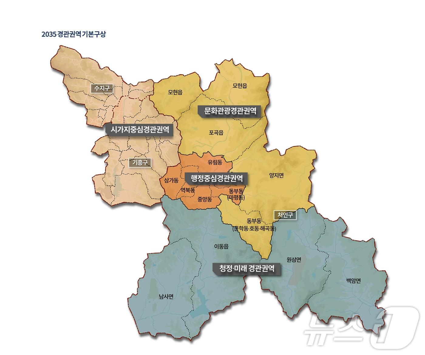 본문 이미지 - 용인시가 '2035 경관계획'에서 시 전역을 지역자원과 특성을 고려해 구분한 4개 경관권역.(용인시 제공)