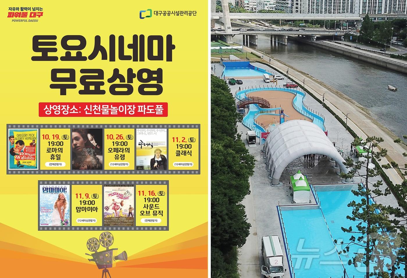 대구공공시설관리공단이 운영하는 야외 무료영화관 '신천 토요시네마' 포스터(왼쪽)와 지난 7월 대봉교 좌안 신천둔치에 개장 준비 중이었던 신천 물놀이장 전경. (대구공공시설관리공단 제공, 뉴스1 자료사진)