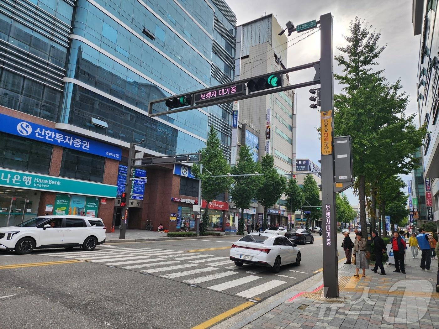 본문 이미지 - 2026 ITS 세계총회 개최지인 강원 강릉시가 최근 도입한 '스마트 횡단보도'(강릉시 제공) 2024.10.16/뉴스1