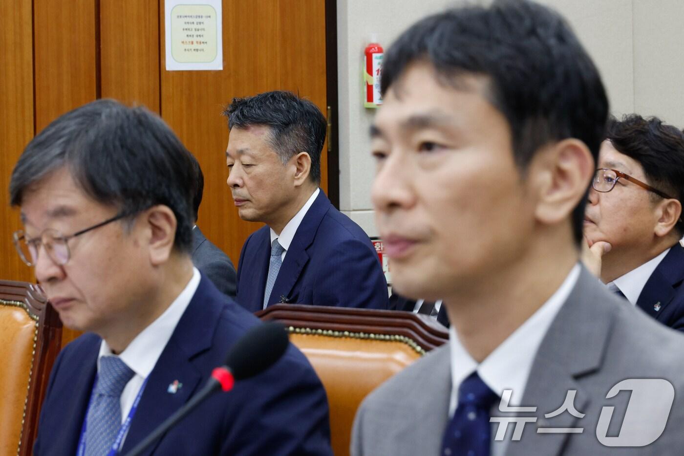 본문 이미지 - 김광일 MBK파트너스 부회장이 17일 오후 서울 여의도 국회 정무위원회에서 열린 금융감독원·서민금융진흥원 국정감사에 출석하고 있다. 앞줄 오른쪽은 이복현 금감원장. 2024.10.17/뉴스1 ⓒ News1 안은나 기자