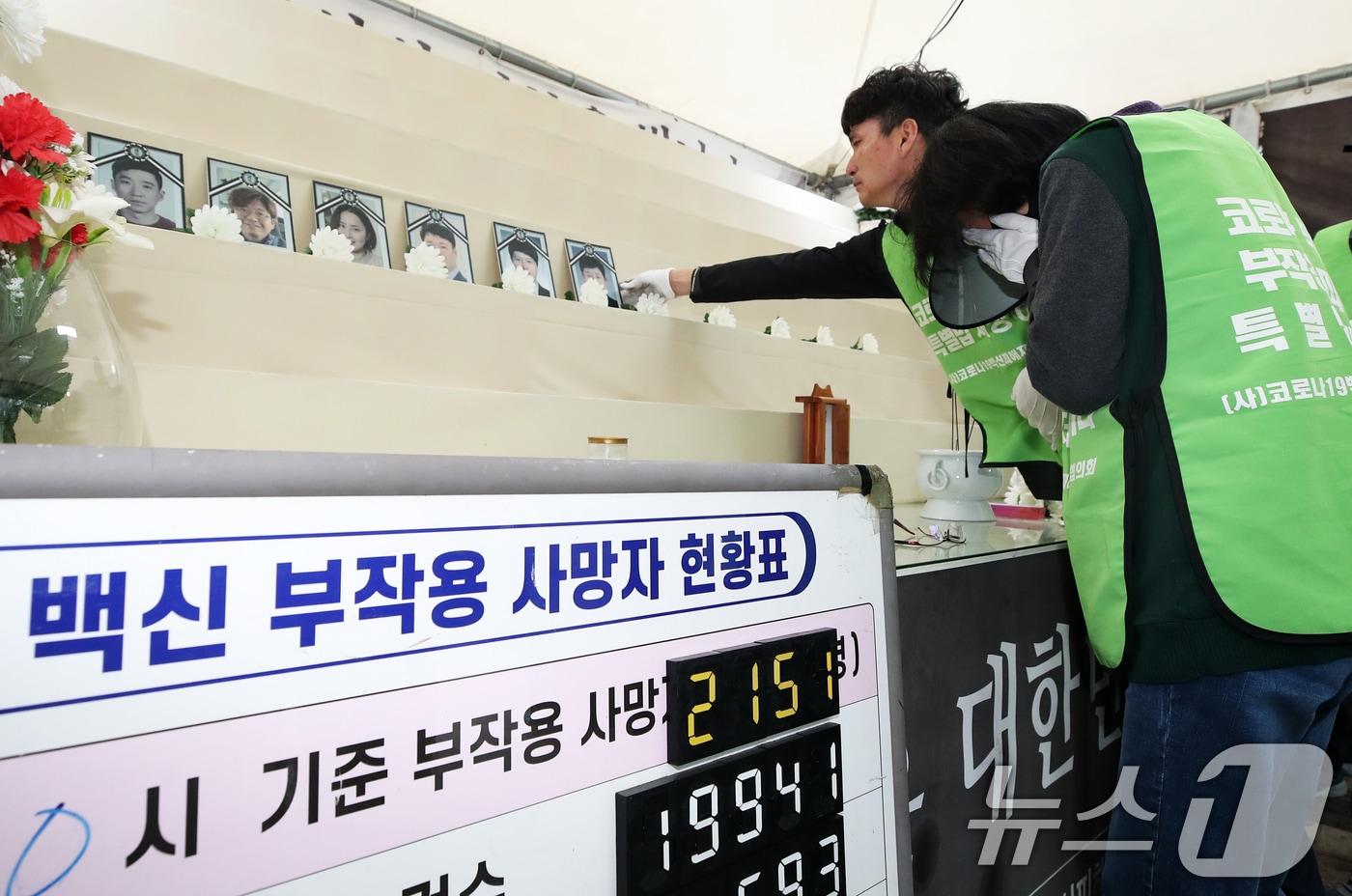 본문 이미지 - 지난 2024년 코로나19백신피해자가족협의회 관계자들이 서울 중구 청계광장에 마련된 '코로나19 백신 희생자 합동 분향소'를 자진 철거하며 오열하고 있다. ⓒ 뉴스1 