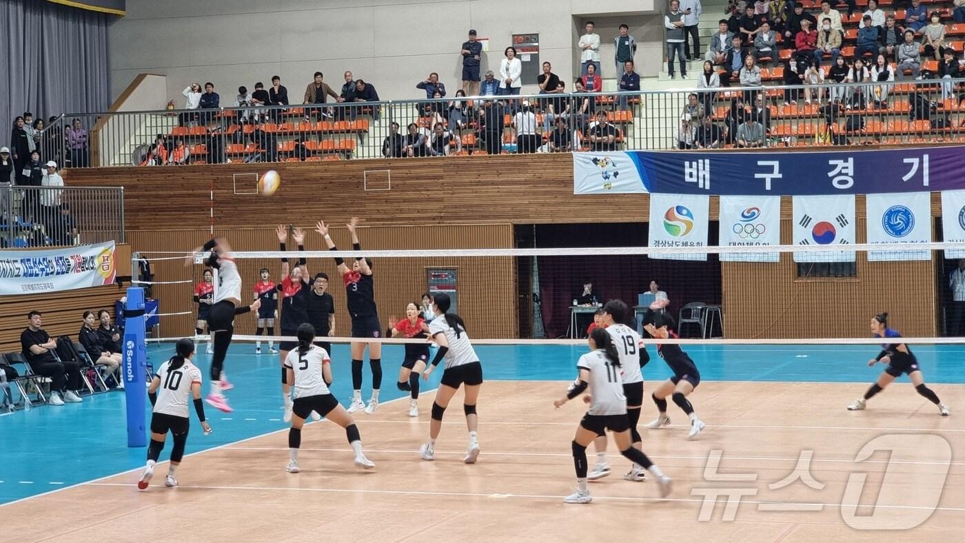 본문 이미지 - 여고부 배구 종목에서 은메달을 차지한 목포여자상업고등학교 경기 모습.2024.10.18.(전남교육청 제공)/뉴스1 