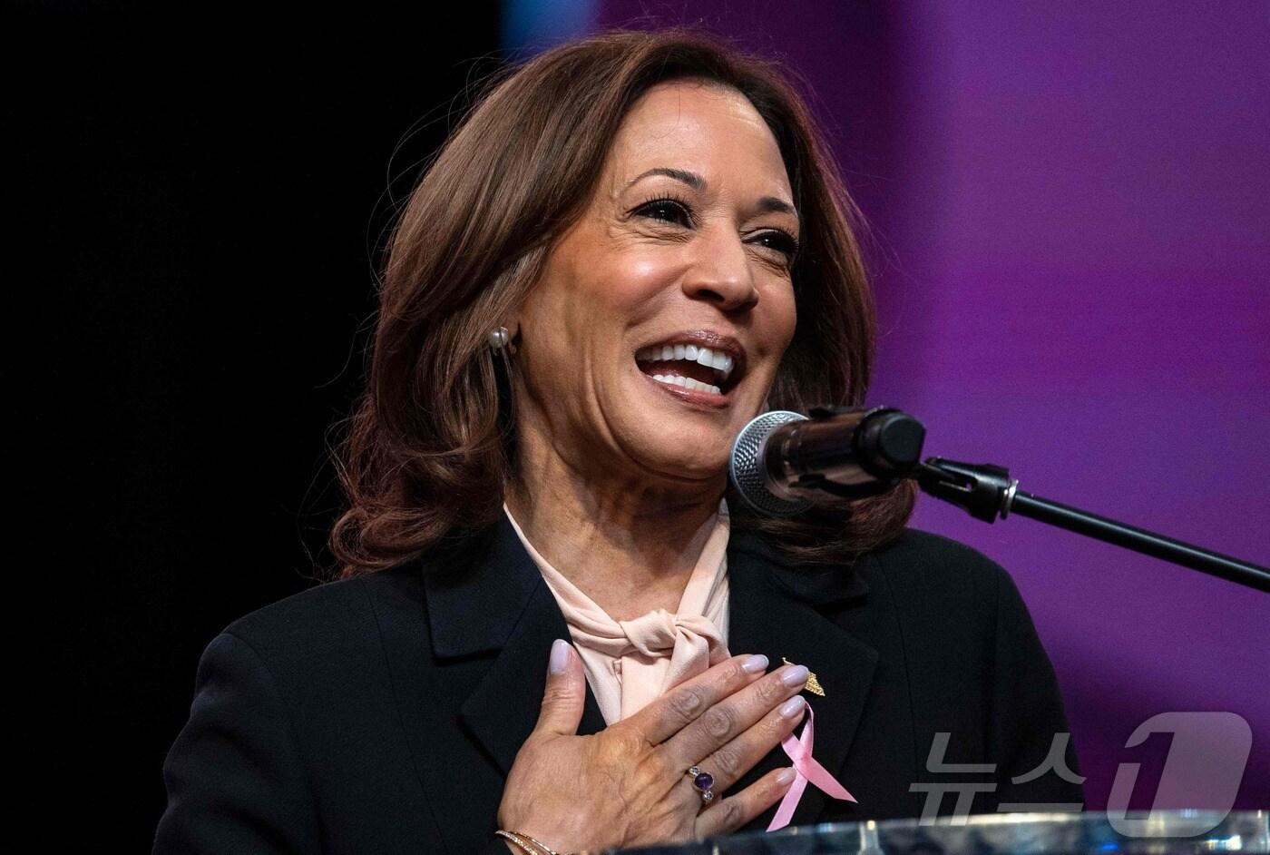 본문 이미지 - 미국 민주당 대선 후보 카멀라 해리스 부통령이 20일(현지시간) 조지아주 스톤크레스트에 있는 대형 흑인 교회를 찾아 예배에 참석하며 "미국이 혼동과 공포, 혐오의 나라가 될지, 자유와 연민, 정의의 나라가 될지를 유권자가 투표로 결정해야 한다"고 말하고 있다. 2024.10.21 ⓒ AFP=뉴스1 ⓒ News1 우동명 기자