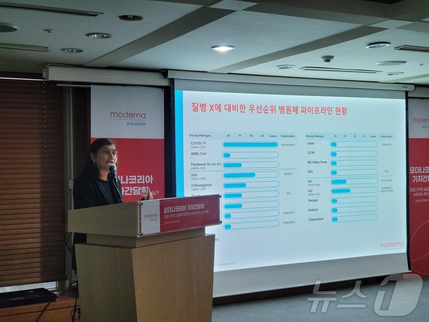본문 이미지 - 나선 피알리 무헤르지 모더나 아시아퍼시픽 의학부 총괄책임자가 발표를 하고 있다. 2024. 10. 22/뉴스1 황진중 기자