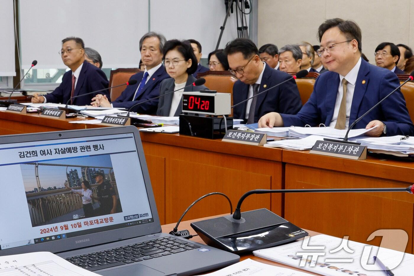 조규홍 보건복지부 장관이 23일 오전 서울 여의도 국회 보건복지위원회에서 열린 보건복지부·질병관리청·식품의약품안전처 등 종합 국정감사에 출석해 김선민 조국혁신당 의원으로부터 김건희 여사 '괜찮아, 걱정마 마음건강을 위한 대화' 자살예방 행사 예산에 9700만원이 쓰인 것과 관련 질의를 듣고 있다. 2024.10.23/뉴스1 ⓒ News1 안은나 기자