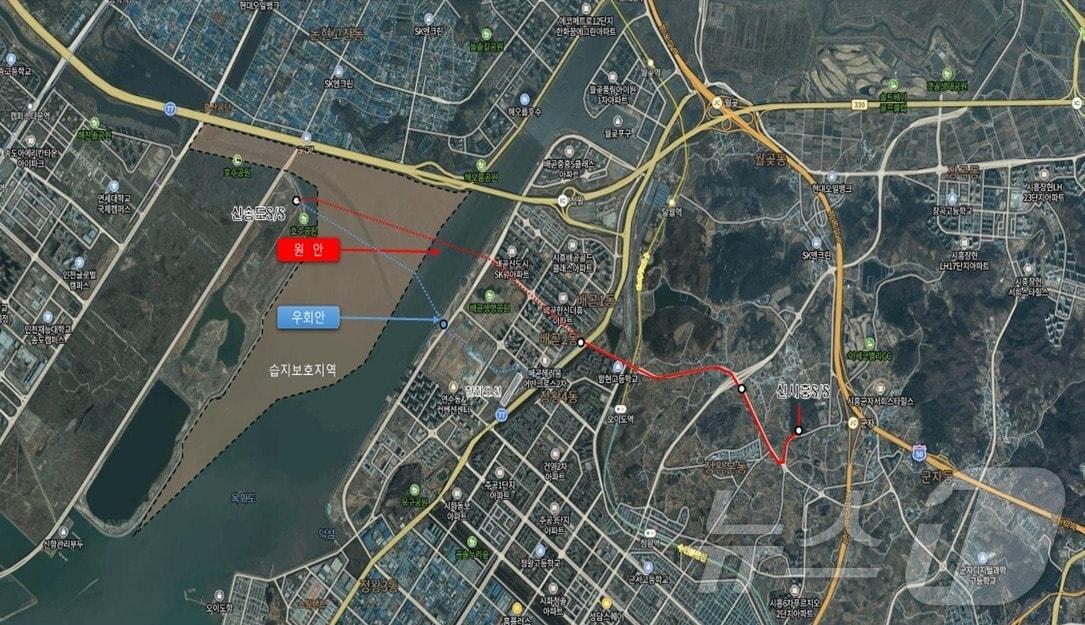 본문 이미지 - 서울대 시흥캠퍼스 부지 우회 노선안.(시흥시 제공)