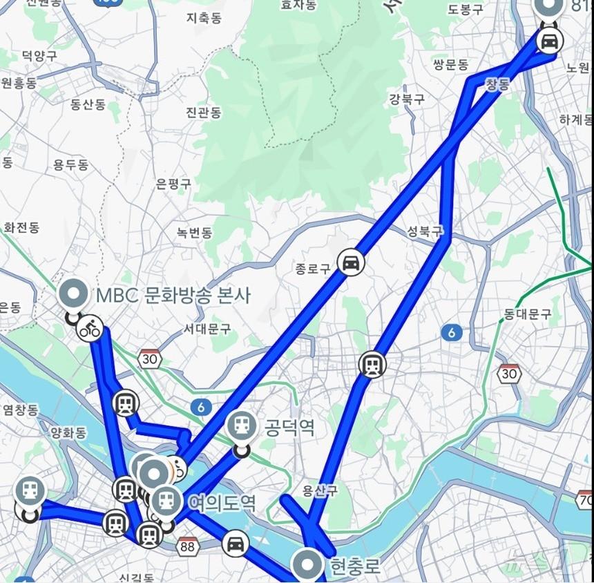 본문 이미지 -  이준석 개혁신당 의원이 24일 SNS에 '2021년 3월 5일 구글 GPS 기록'을 공개했다. 이를 통해 이 의원은 당일 자신이 김종인 전 국민의힘 비대위원장 광화문 사무실에서 명태균 씨를 만났다는 보도를 반박했다. (SNS 갈무리) ⓒ 뉴스1