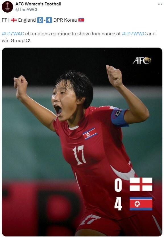 본문 이미지 - 북한이 24일(한국시간) 열린 2024 FIFA U17 여자 월드컵 조별리그 최종전에서 잉글랜드를 4-0으로 완파했다. (AFC SNS 캡처)