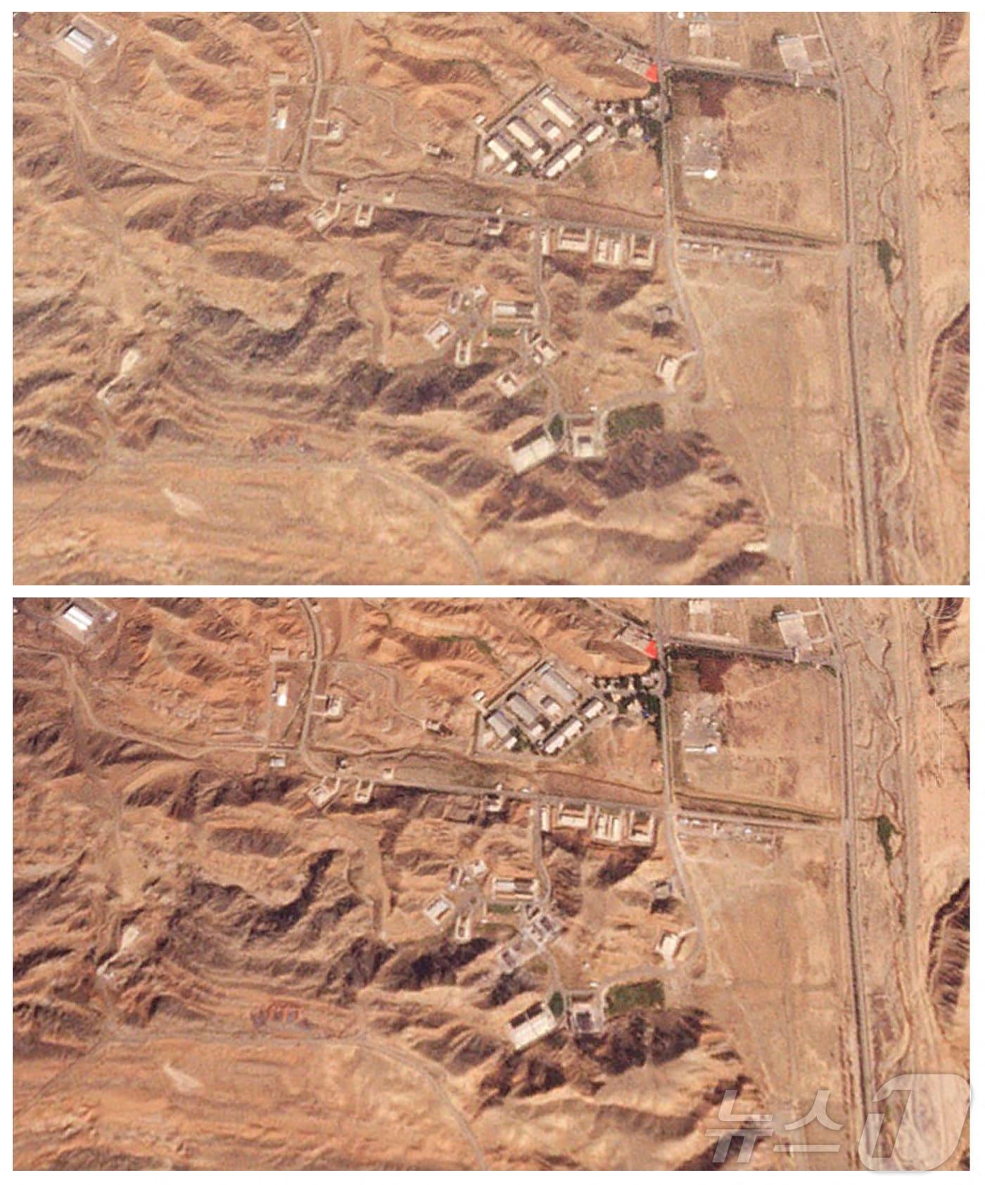 본문 이미지 - 26일&#40;현지시간&#41; 이스라엘의 공습을 받은 이란 테헤란 근처의 파르친 군사기지의 위성사진. 파르친 군사 기지는 이란이 한때 핵무기 개발을 진행했던 시설로, 사진의 아래에 보이는 한 건물이 이스라엘 공격으로 파괴되어 검게 그을려 있다. 2024.10.26 ⓒ 로이터=뉴스1 ⓒ News1 김지완 기자