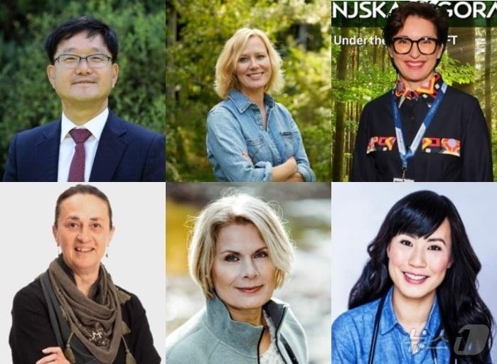 본문 이미지 - 28일 대전 인터시티호텔에서 개막한 '2024 세계산림치유포럼(1st World Forum on Forest Therapy)'에 참석한 산림치유 전문가들. 윗줄부터 신원섭 세계산림치유포럼 의장(충북대 산림치유학과 교수·전 산림청장), 스티그스도터 덴마크 코펜하겐대 교수, 다리아 츠빅 슬로베니아 블레드직업대학 교수, 캐슬린 울프 미국 워싱턴대 교수, 기젤라 이미히 독일 뮌헨대 교수, 멜리사 렘 캐나다 브리티시 컬럼비아 대학 교수. /뉴스1