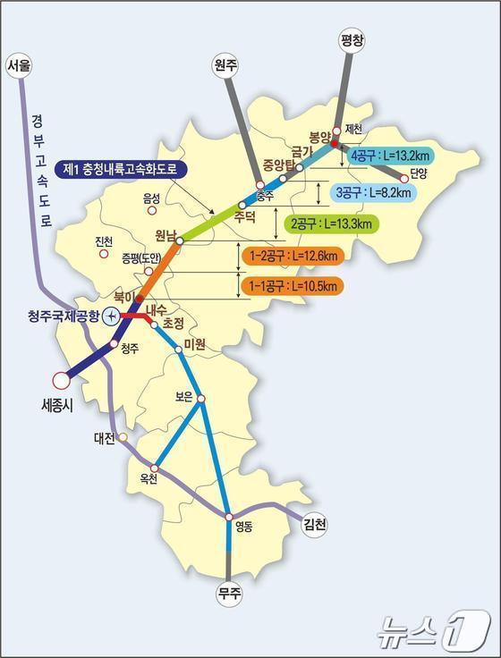 본문 이미지 -  29일 충북 충주시가 충청내륙고속화도로와 충주 도심을 잇는 검단대교를 착공하며 언제쯤 고속화도로가 개통할 지 관심이 모아지고 있다. 사진은 노선도.(자료사진)2024.10.29/뉴스1 