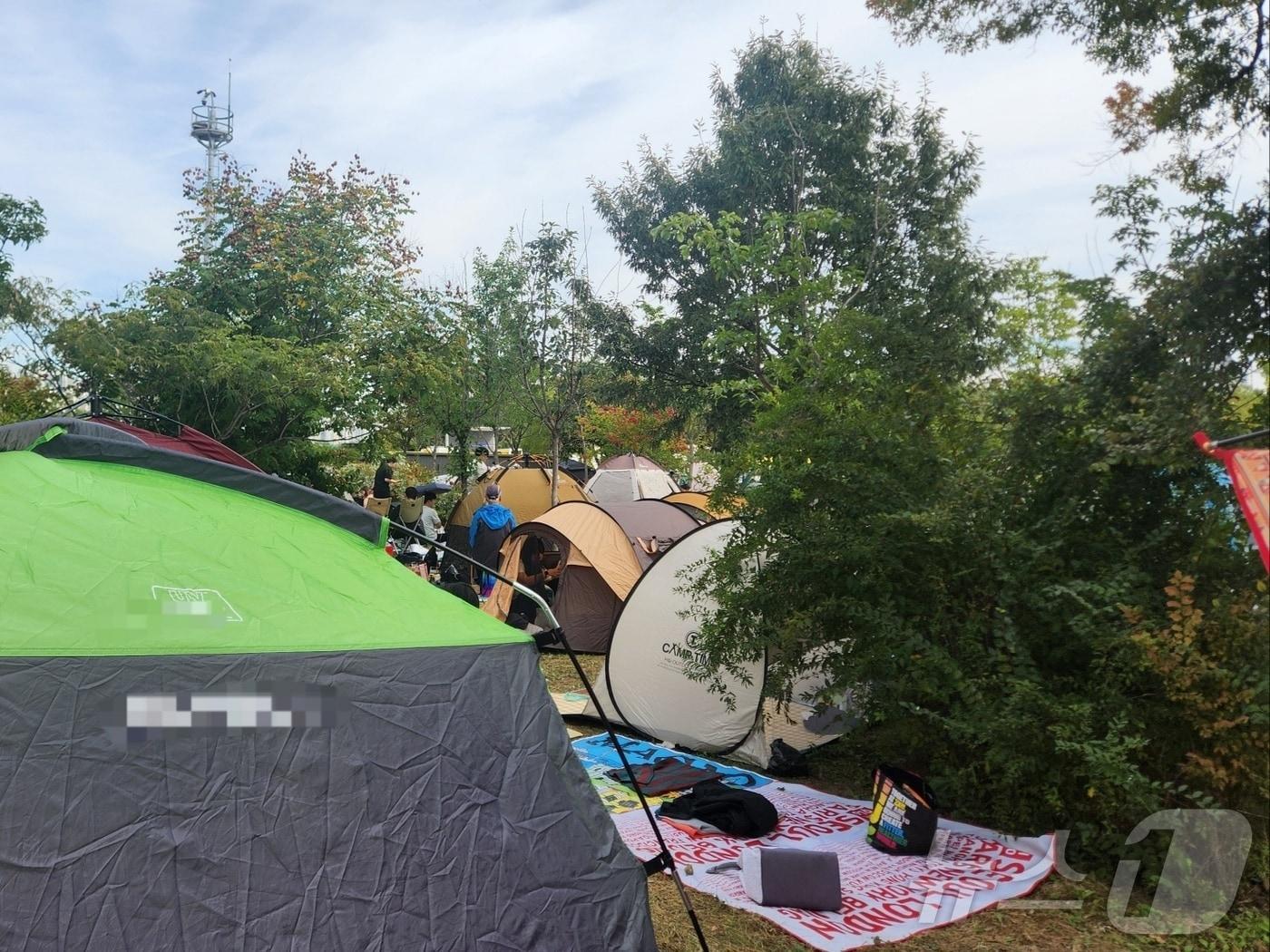 본문 이미지 - 5일 오후 1시쯤 서울 여의도 한강공원 원효대교 남단 지역에서 텐트가 발 디딜 틈 없이 가득 채워져 있다. 2024.10.05 ⓒ 뉴스1 김예원 기자