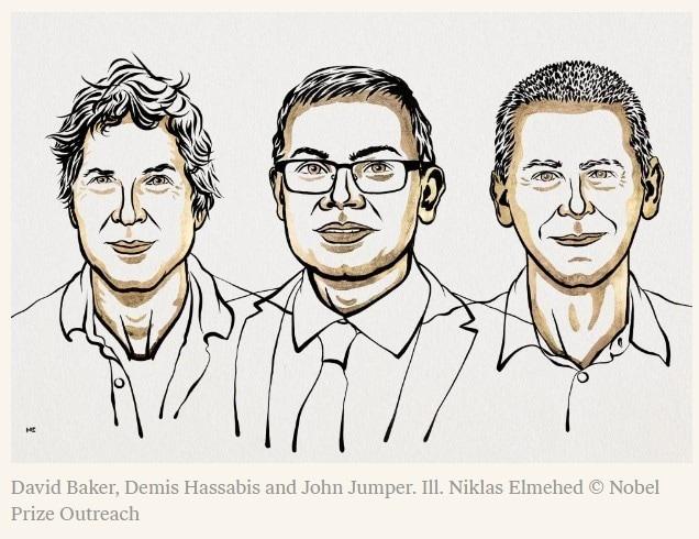 본문 이미지 -  2024 노벨화학상 수상자들 삽화. 2024.10.09. (노벨상 홈페이지 화면 갈무리)