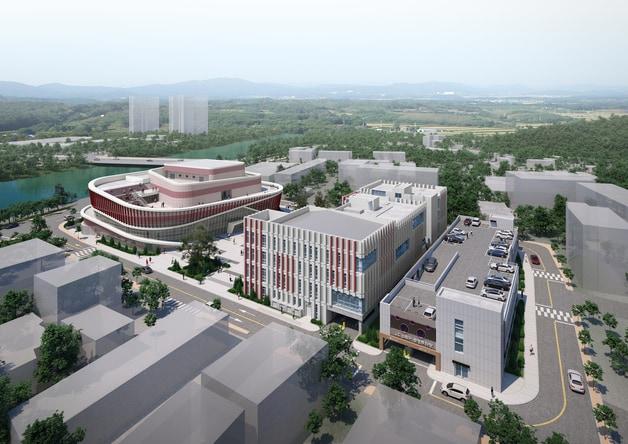 본문 이미지 - 충북 진천군 진천읍 읍내7리에 조성하는 문화예술회관, 복합커뮤니티센터, 도시재생어울림센터 통합 조감도.(진천군 제공)/뉴스1