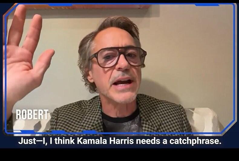 본문 이미지 - 영화 어벤져스의 주인공 토니 스타크 역의 로버트 다우니 주니어가 지난달 31일 소셜미디어 엑스&#40;X&#41;에 올린 영상에서 어벤져스 출연진에게 미국 민주당 대선후보 카멀라 해리스 부통령을 위한 캐치프레이즈&#40;선전 구호&#41;를 만들자고 제안하는 모습&#40;엑스 갈무리&#41;. 2024.10.31.