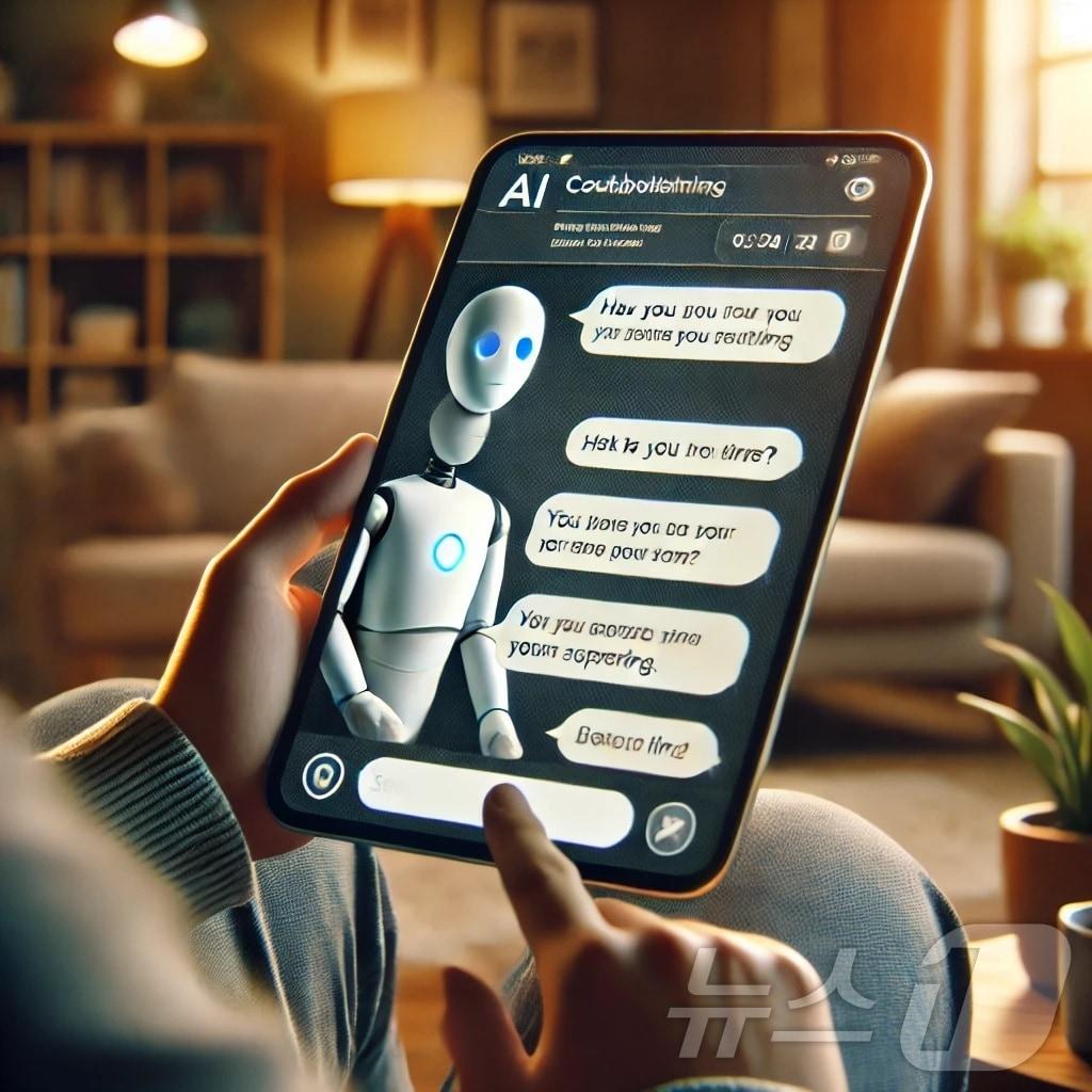 본문 이미지 - 오픈AI의 이미지 생성 프로그램 'DALL-E'를 통해 만든 이미지. 'AI 챗봇을 이용해 상담하고 있는 모습을 그려줘'라고 입력하자 위와 같은 이미지가 도출됐다.(오픈AI DALL-E 제공)