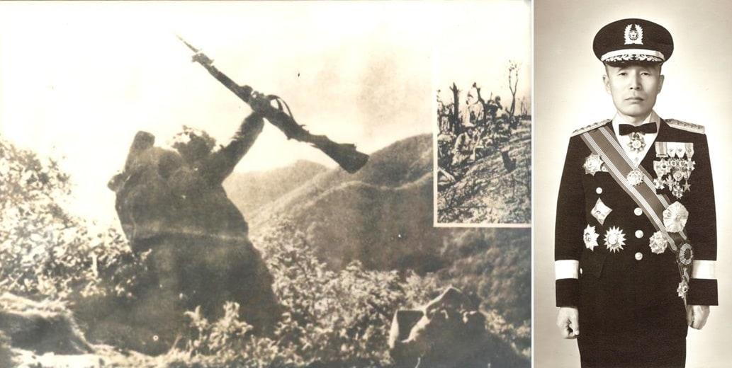 본문 이미지 - 백마고지 전투 승리 뒤 기뻐하는 백마용사들&#40;왼쪽&#41;과 당시 사단장인 김종오 장군 정복 사진. &#40;세종시 제공&#41; / 뉴스1 