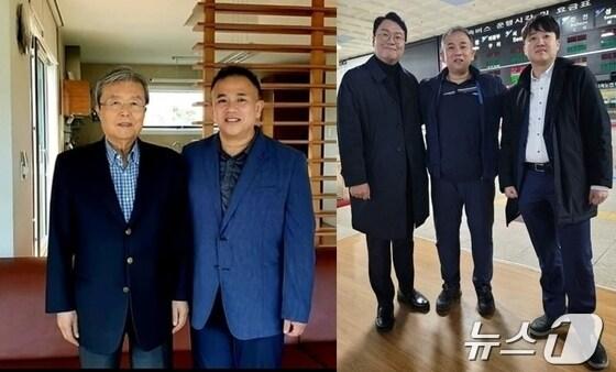 본문 이미지 - 명태균 씨가 김종인 전 국민의힘 비대위원장(왼쪽), 천하람· 이준석 개혁신당 의원과 함께한 모습. (SNS 갈무리)