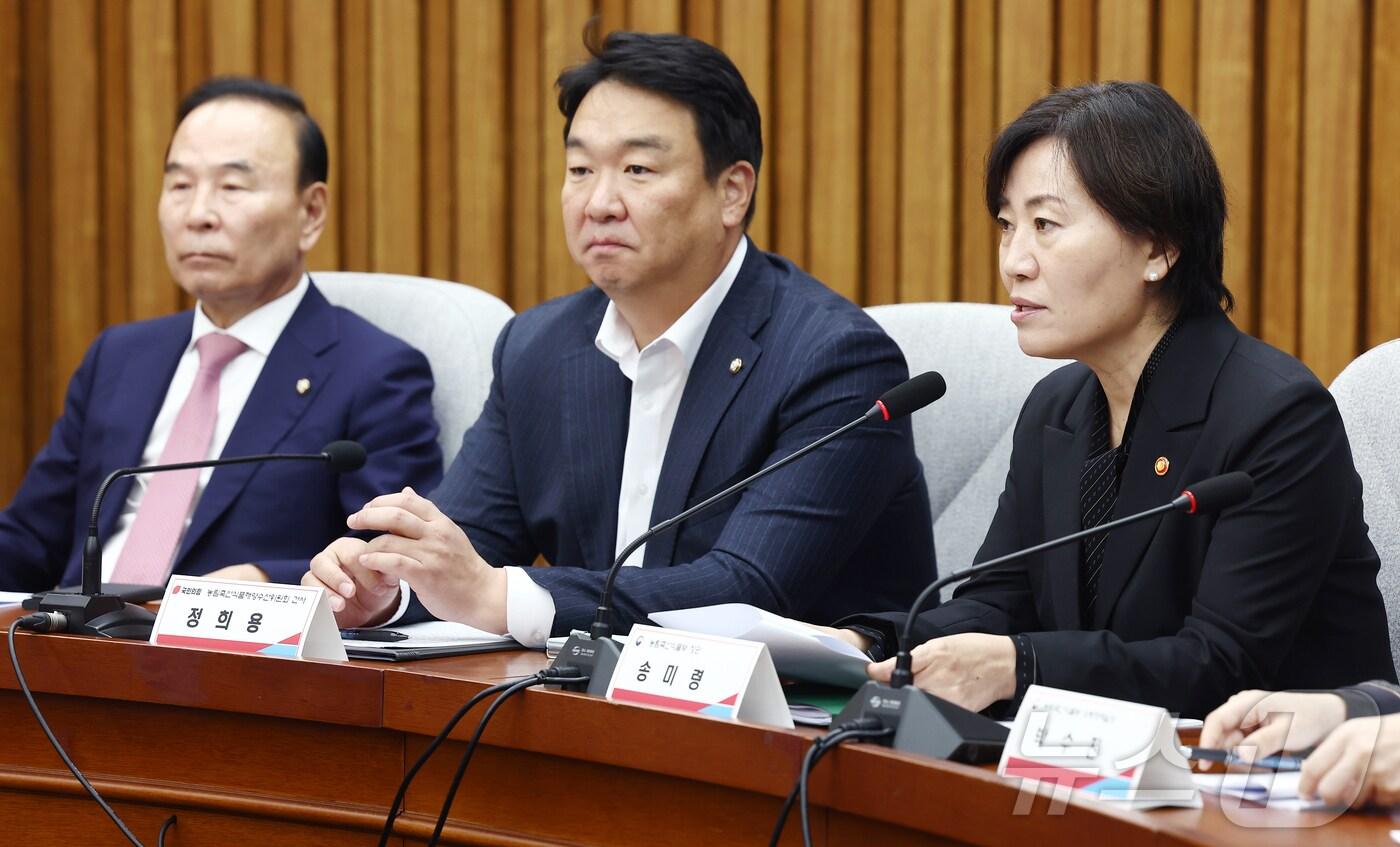 본문 이미지 - 송미령 농림축산식품부 장관이 14일 오전 서울 여의도 국회에서 열린 '쌀값 안정을 위한 실무 당정 협의회'에서 인사말을 하고 있다. 오른쪽부터 송 장관, 정희용 농림축산식품해양수산위원회 국민의힘 간사, 박덕흠 의원. 2024.11.14/뉴스1 ⓒ News1 김민지 기자