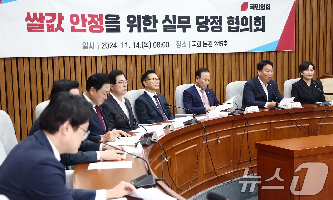 본문 이미지 - 국회 농림축산식품해양수산위원회 국민의힘 간사인 정희용 의원(오른쪽 두번째)이 14일 오전 서울 여의도 국회에서 열린 '쌀값 안정을 위한 실무 당정 협의회'에서 모두 발언을 하고 있다. 오른쪽은 송미령 농림축산식품부 장관. 2024.11.14/뉴스1 ⓒ News1 김민지 기자