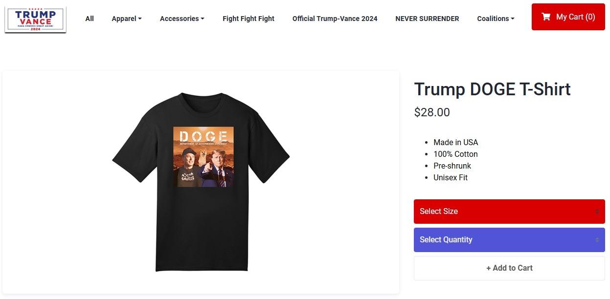 본문 이미지 - 도널드 트럼프 캠프 사이트에 올라온 '트럼프 도지 티셔츠' <출처=프로토스 기사 갈무리>