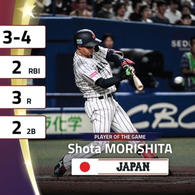 본문 이미지 - 호주전에서 일본 야구대표팀 4번 타자로 나선 모리시타 쇼타.(WBSC SNS 캡처)