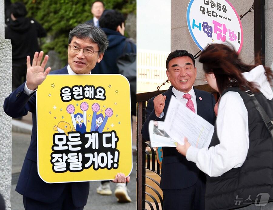 본문 이미지 - 수능 수험생 응원하는 천창수 울산교육감(왼쪽부터), 김두겸 울산시장. (울산시교육청·울산시 제공)  