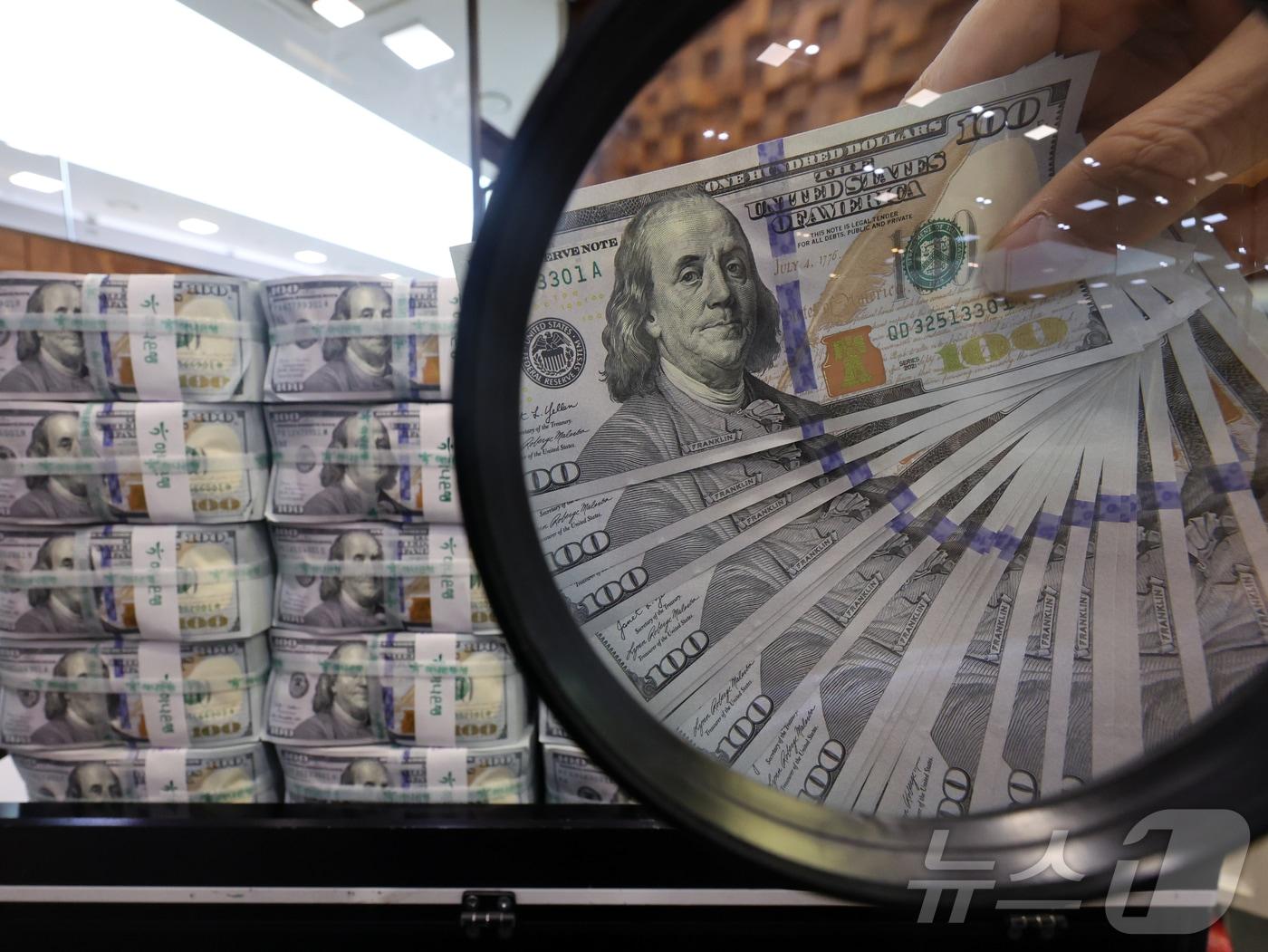 본문 이미지 - 15일 서울 중구 하나은행 위변조대응센터에서 은행 관계자가 달러화를 정리하고 있다. 2024.11.15/뉴스1 ⓒ News1 황기선 기자