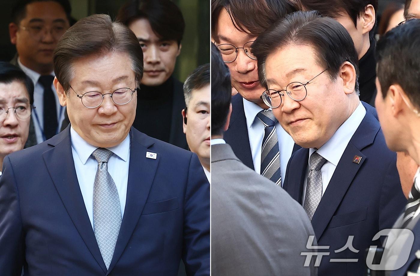 이재명 더불어민주당 대표가 15일 서울 서초구 서울중앙지법에서 열린 '공직선거법 위반' 1심 선고 공판에서 징역 1년 집행유예 2년을 선고 받았다. 사진은 이날 법원을 나서는 모습(왼쪽)과 출석하는 모습. 2024.11.15/뉴스1 ⓒ News1 김민지 기자