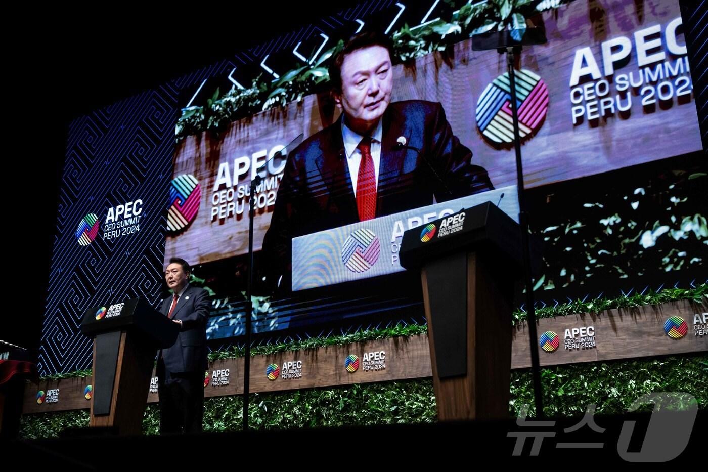 윤석열 대통령이 15일&#40;현지시간&#41; 페루 리마 국립대극장에서 열린 아시아태평양경제협력체&#40;APEC&#41; CEO 서밋에서 기조연설을 하고 있다. &#40;대통령실 홈페이지&#41; 2024.11.16/뉴스1 ⓒ News1 송원영 기자