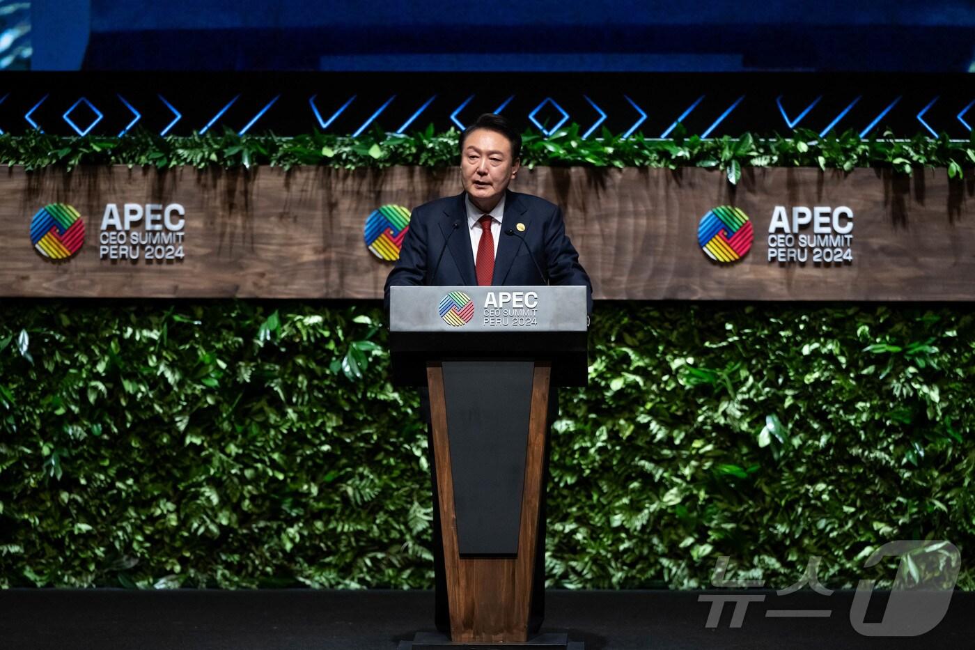 윤석열 대통령이 15일(현지시간) 페루 리마 국립대극장에서 열린 아시아태평양경제협력체(APEC) CEO 서밋에서 기조연설을 하고 있다. (대통령실 홈페이지) 2024.11.16/뉴스1 ⓒ News1 송원영 기자