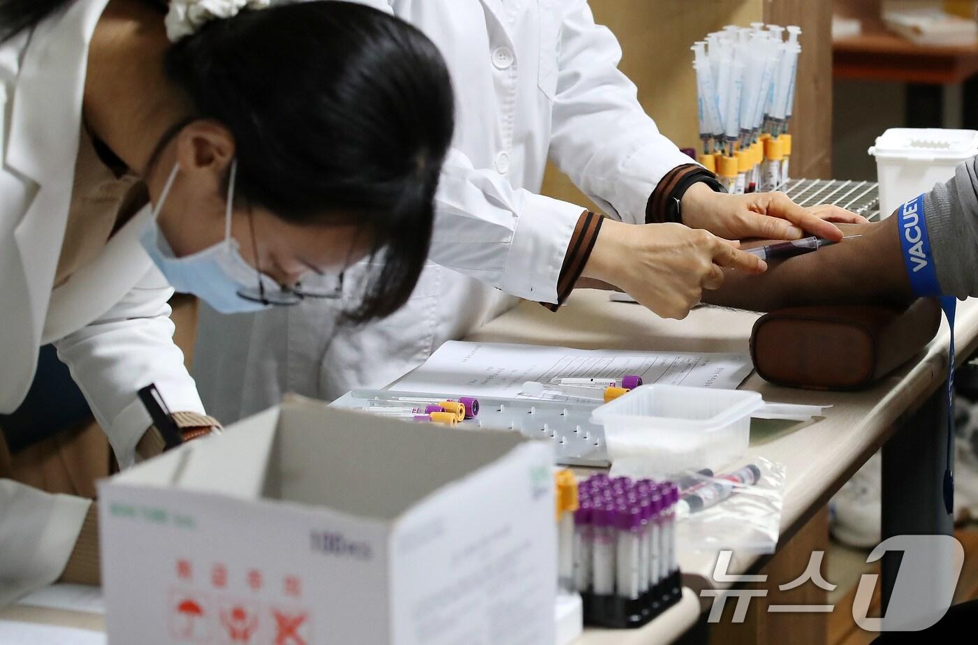 한 의료진이 혈액검사를 위해 채혈하고 있다.&#40;사진은 기사 내용과 무관함&#41; /뉴스1 ⓒ News1 공정식 기자