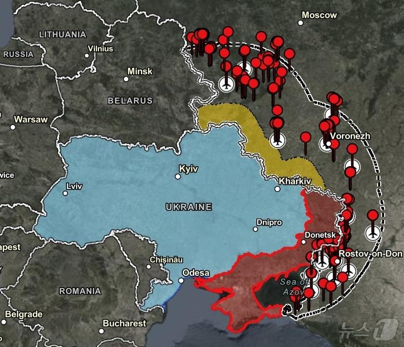 본문 이미지 - 에이태큼스로 타격 가능한 러시아 내 목표물 지도. 타격 가능한 목표물이 빨간색 핀으로 표시되어 있다.(사진은 전쟁연구소(ISW) 지도 갈무리)