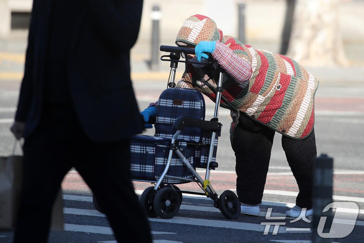 본문 이미지 - 대구 도심에서 한 노인이 보행보조기에 의지한 채 횡단보도를 건너고 있다. 2024.11.19/뉴스1 ⓒ News1 공정식 기자