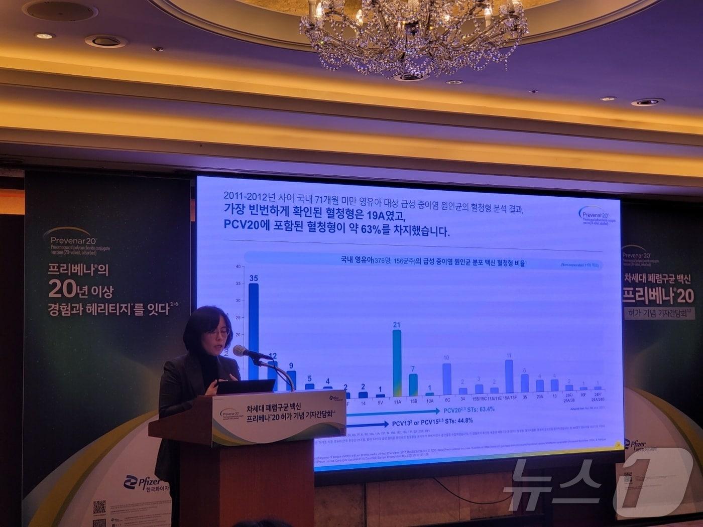 본문 이미지 - 박수은 대한소아감염학회 회장이 19일 서울 소공동 롯데호텔에서 열린 '프리베나20 허가 기념 간담회'에서 발표를 하고 있다. 2024. 11. 19/뉴스1 황진중 기자