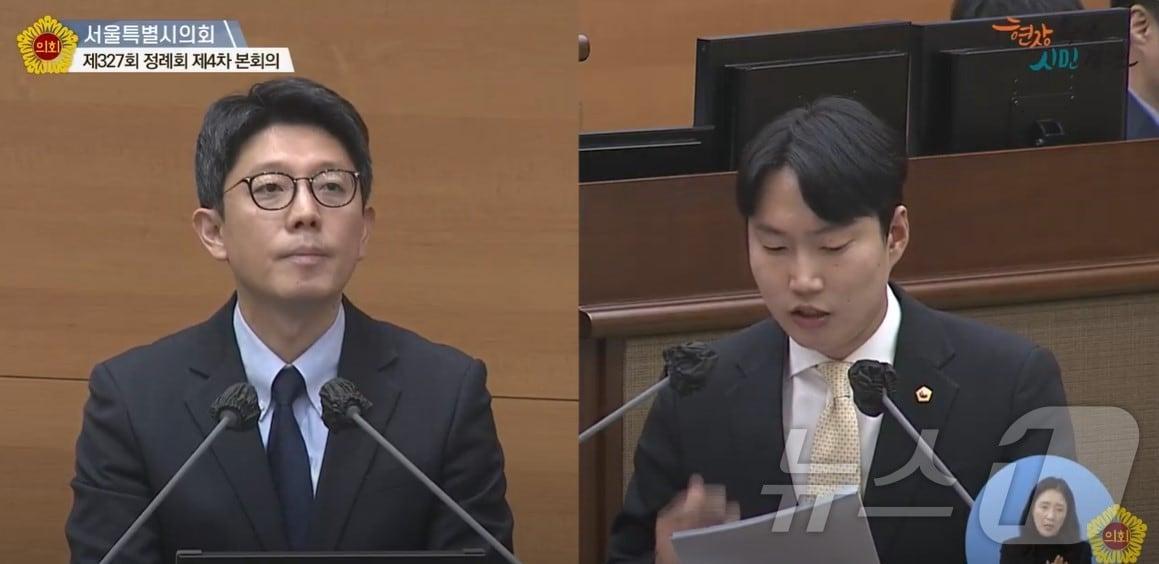 본문 이미지 -  김병민 서울시 정무부시장이 서울시의회 제327회 정례회 본회의에 참석해 답변하고 있다.(서울시의회 유튜브 갈무리)