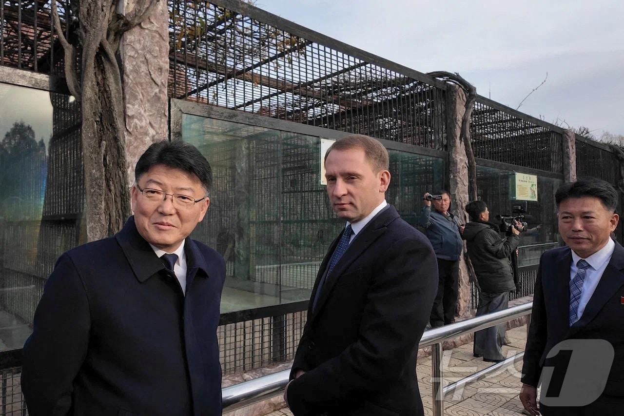 본문 이미지 - 알렉산드르 코즐로프 러시아 천연자원부 장관이 러시아 정부가 북한에 기증한 동물들을 살펴보기 위해 평양 중앙 동물원을 방문하고 있다. (자료사진) 2024.11.20 ⓒ 로이터=뉴스1 ⓒ News1 강민경 기자