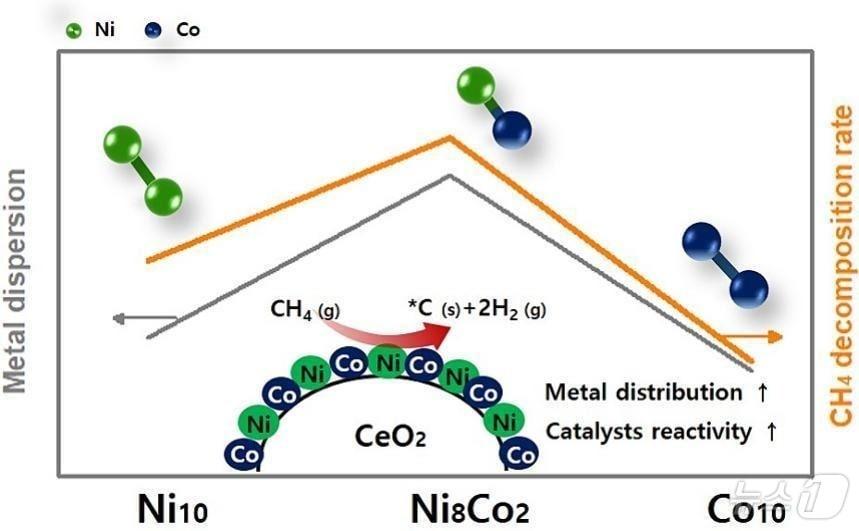 본문 이미지 - 니켈-코발트의 합금 형성을 통한 활성금속 입자의 분산성과 활성 향상원리.(한국에너지기술연구원 제공)/뉴스1