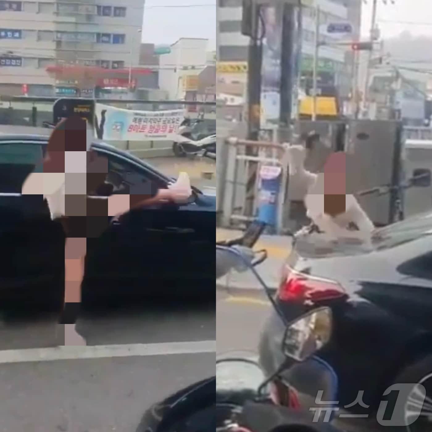 본문 이미지 - 21일 오전 8시쯤 서울 관악구 신림동 신림교 인근에서 20대 여성이 자신의 차량을 훼손하고 있다.  2024.11.21 (독자제공)