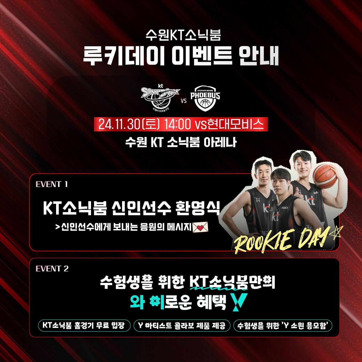 본문 이미지 - 프로농구 KT는 오는 30일 울산 현대모비스와 홈 경기를 '루키 데이'로 진행한다고 22일 밝혔다.(KT 제공)