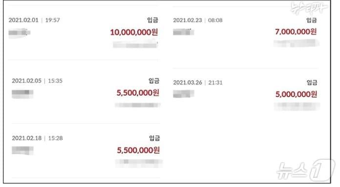 본문 이미지 - 김영선 전 국민의힘 회계책임자 강혜경씨가 자신을 대리하는 노영희 변호사를 통해 공개한 입금 내역